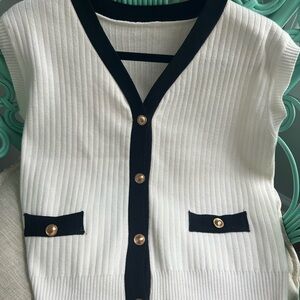 Ribbed V-Neck Button Front Sweater Vest with Black Trim Gold Detail